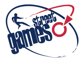 Street Games logo with person figure kicking a ball in abstract design