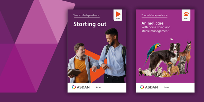 Image with purple background and two ASDAN student book covers, once called Starting out and the other called Animal care